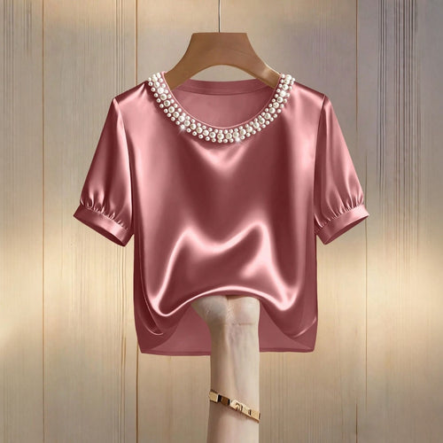 French-style Satin Pearl-collar Short Sleeves
