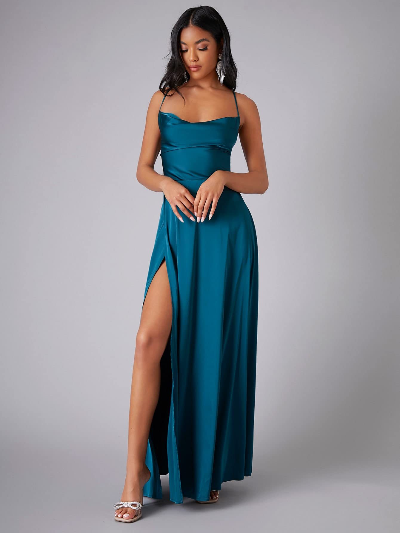 Summer Sexy Slimming Backless Strap Long Split Dress Women's Fashion High Waist Belted Gown V-neck