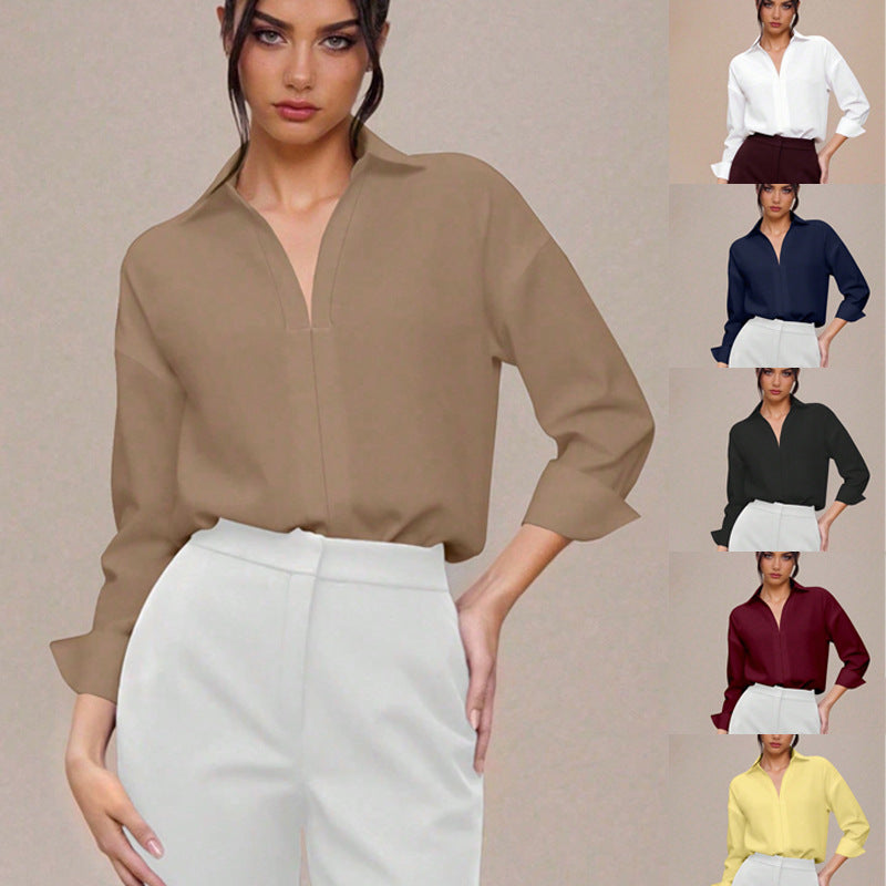 Womens Slim-fit Mandarin-collar Three-quarter-sleeve Shirt