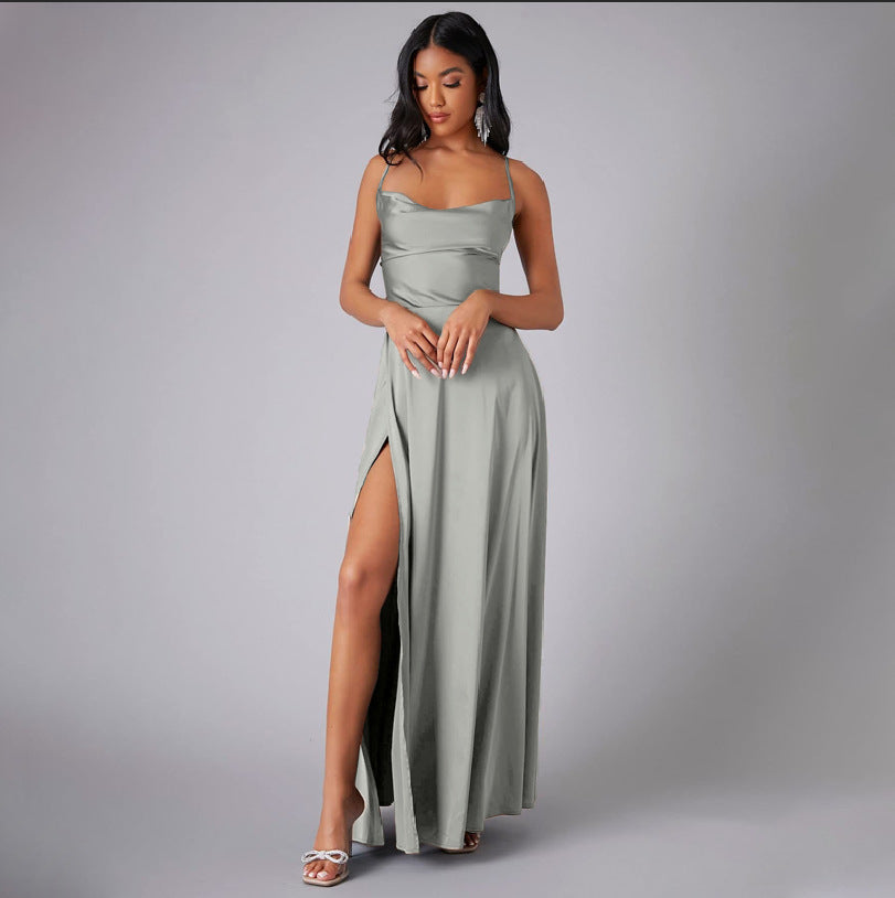 Summer Sexy Slimming Backless Strap Long Split Dress Women's Fashion High Waist Belted Gown V-neck