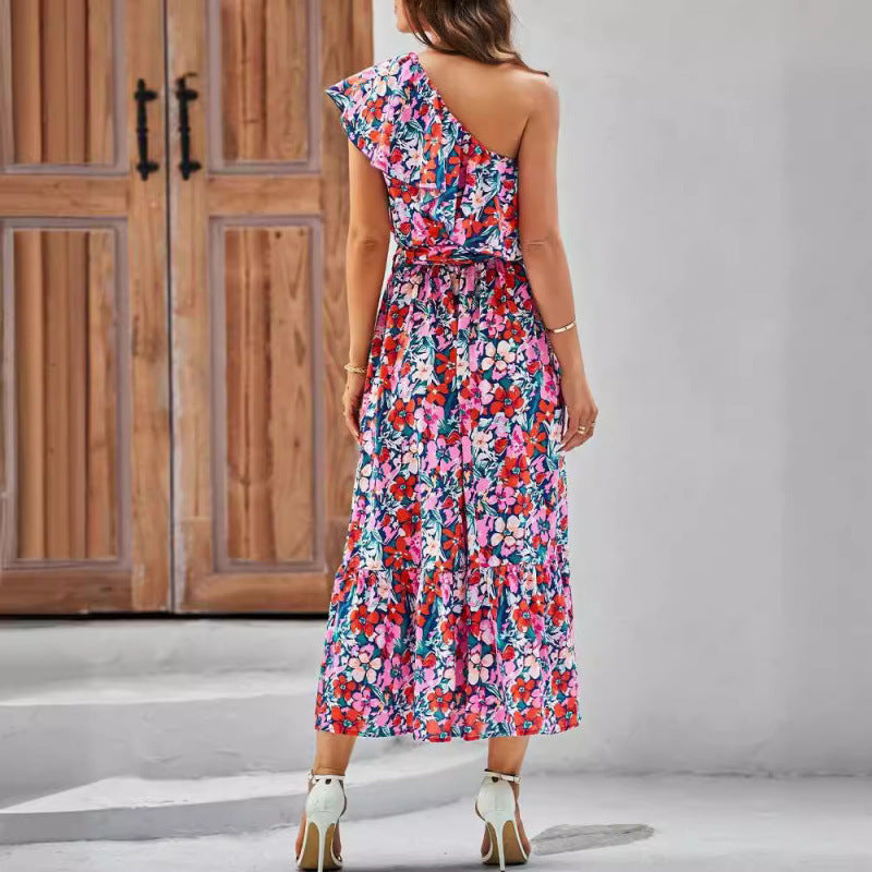 Womens Ruffle-Trimmed Strapped Off-the-Shoulder Printed Dress