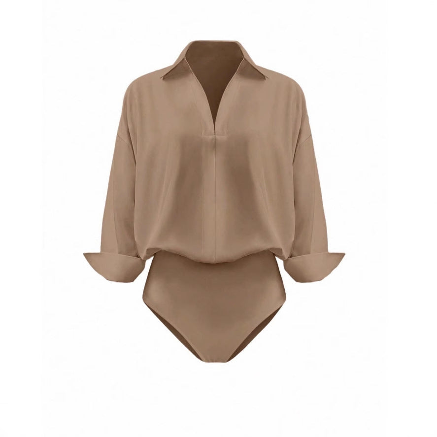 Womens Slim-fit Mandarin-collar Three-quarter-sleeve Shirt