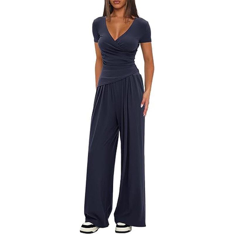 Women's Short-sleeve Sportswear And Wide-leg Pants Set