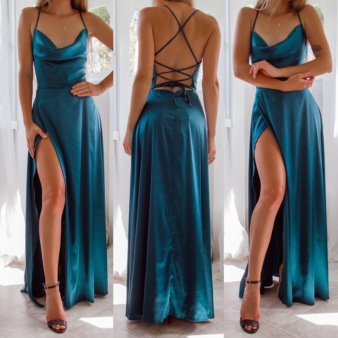 Summer Sexy Slimming Backless Strap Long Split Dress Women's Fashion High Waist Belted Gown V-neck