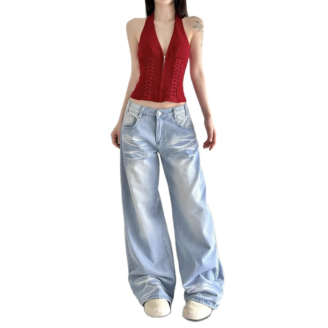 Street-style Distressed High-rise Straight-