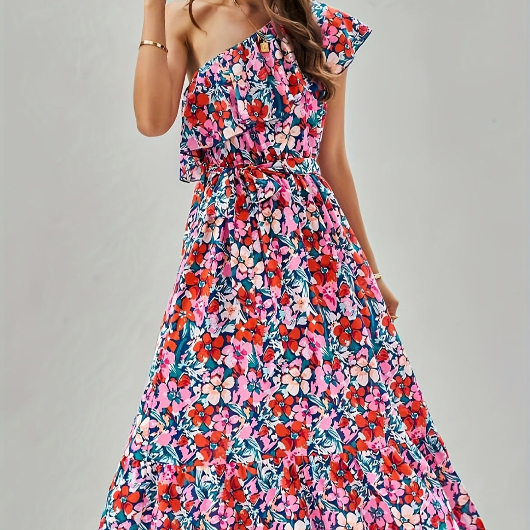 Womens Ruffle-Trimmed Strapped Off-the-Shoulder Printed Dress