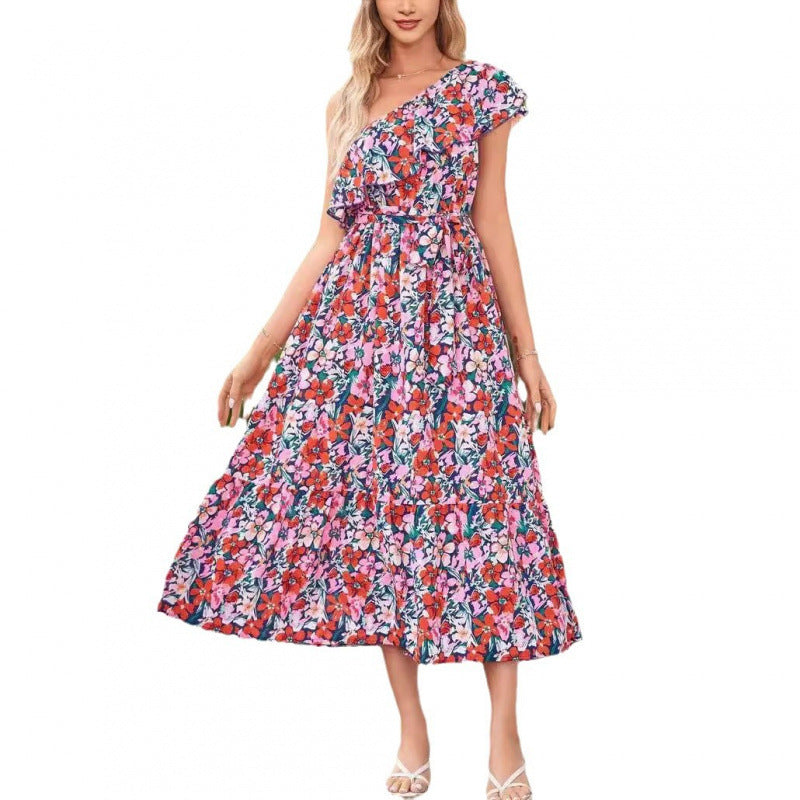 Womens Ruffle-Trimmed Strapped Off-the-Shoulder Printed Dress
