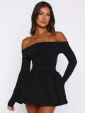 Womens Solid-Color Fashion Strapless Long-Sleeve Dress