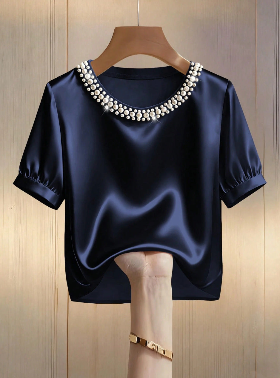 French-style Satin Pearl-collar Short Sleeves