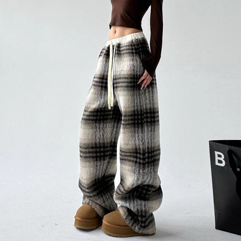 Womens Wool Plaid Straight-Cut Casual High-Waisted Pants