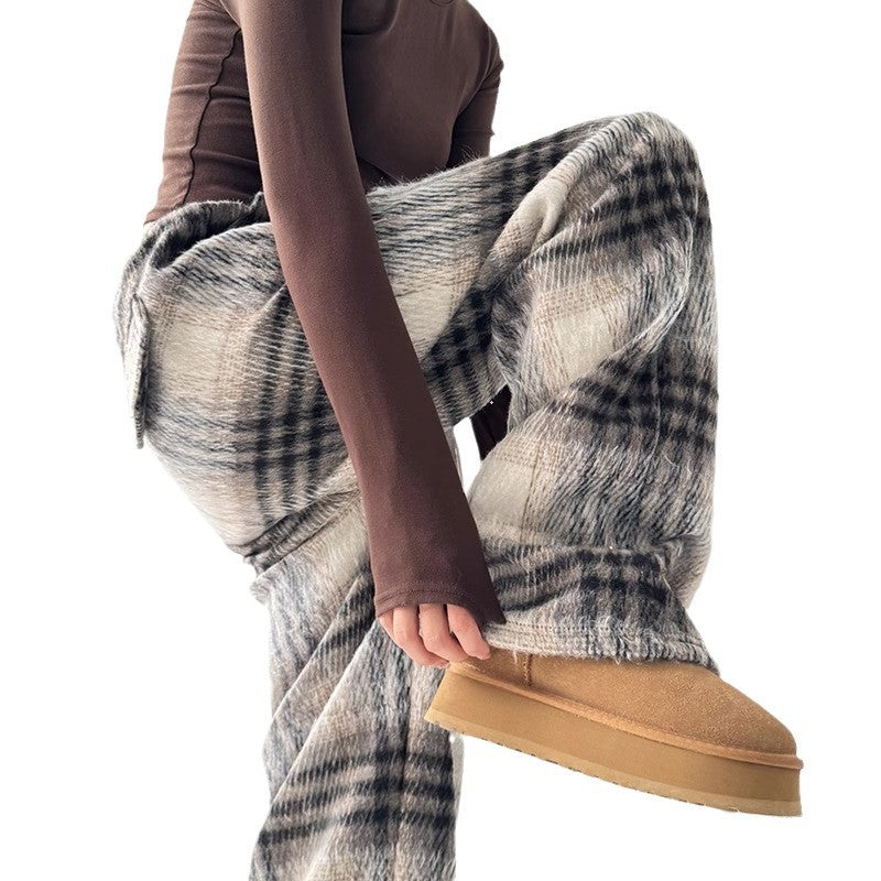 Womens Wool Plaid Straight-Cut Casual High-Waisted Pants