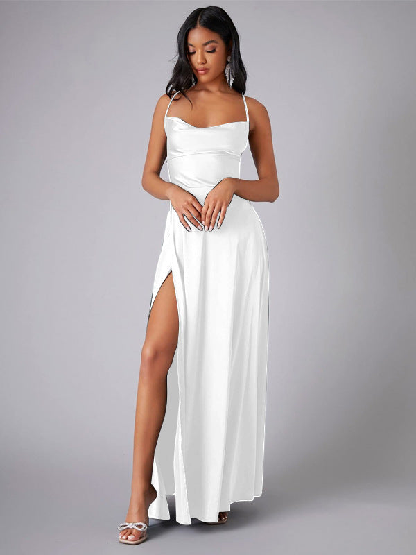 Summer Sexy Slimming Backless Strap Long Split Dress Women's Fashion High Waist Belted Gown V-neck