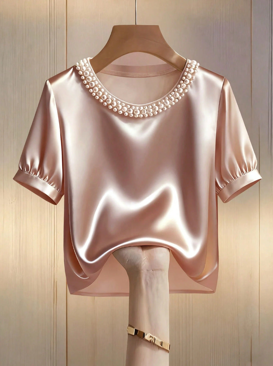 French-style Satin Pearl-collar Short Sleeves