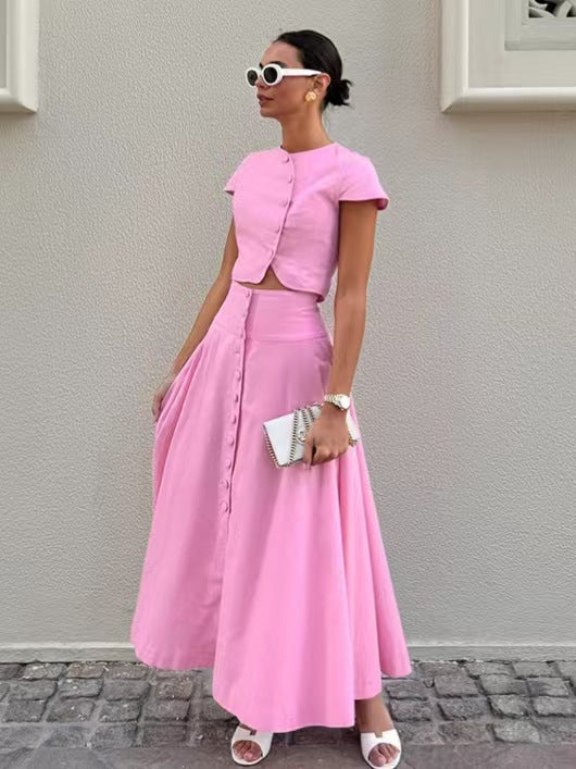 Solid-Color Buttoned Short-Sleeve Top And