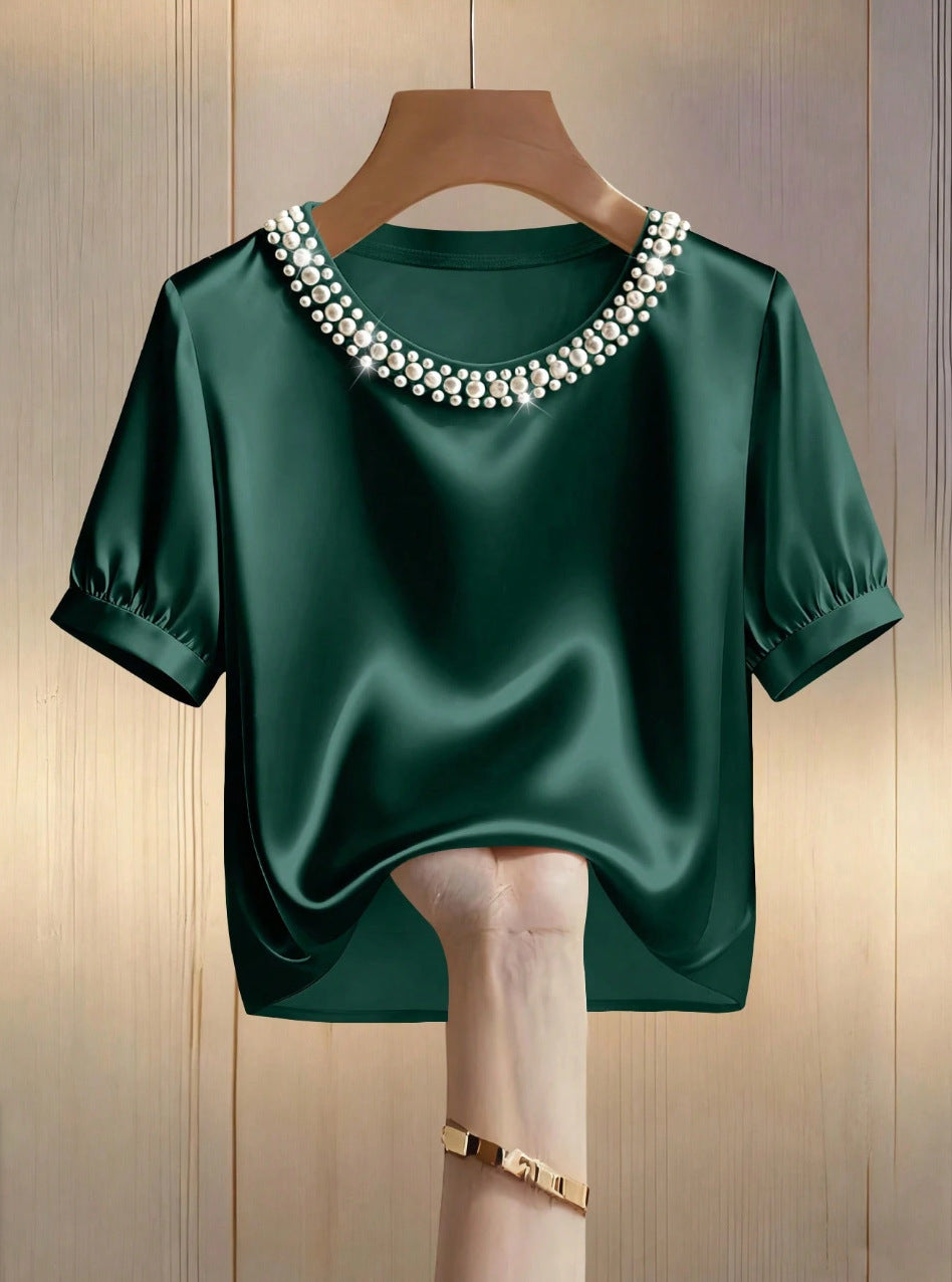 French-style Satin Pearl-collar Short Sleeves