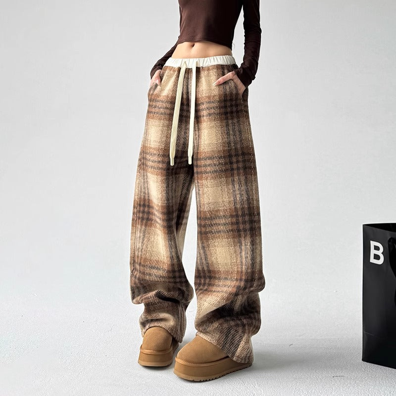 Womens Wool Plaid Straight-Cut Casual High-Waisted Pants