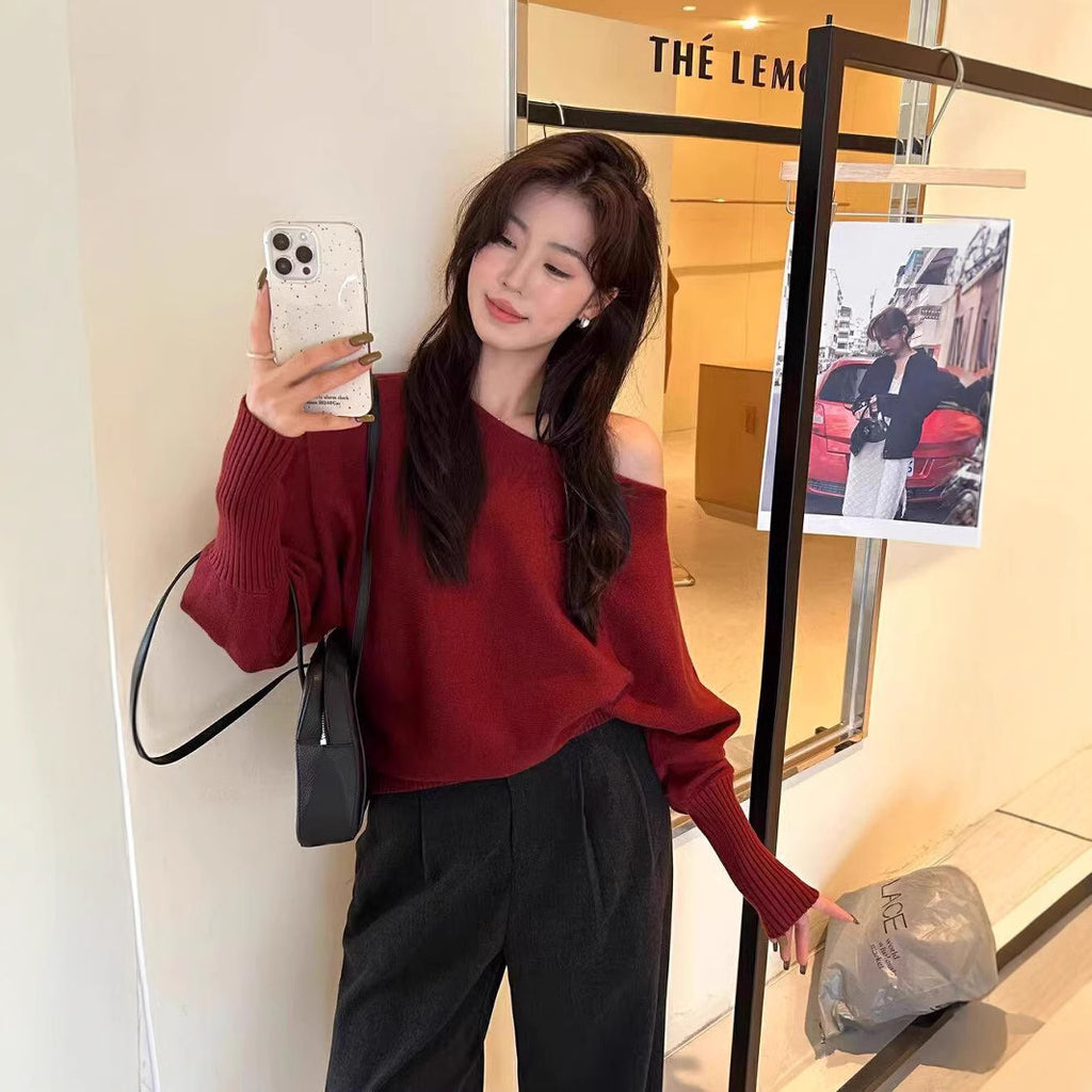 Korean-style Elegant Red Long-sleeve Knit 