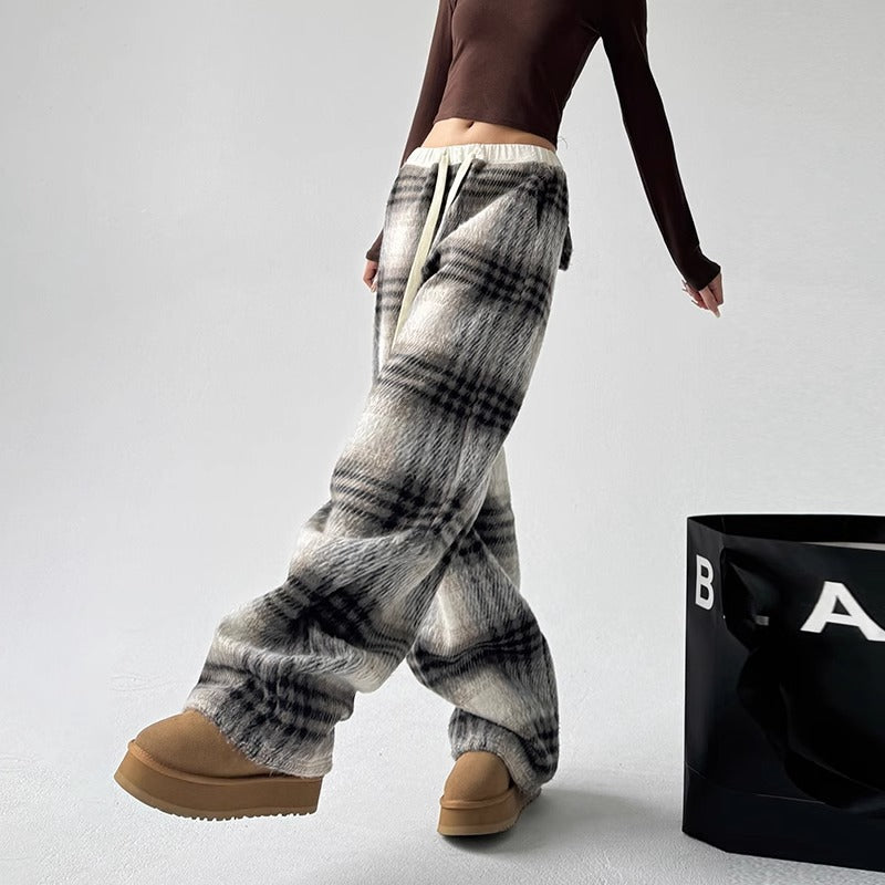 Womens Wool Plaid Straight-Cut Casual High-Waisted Pants