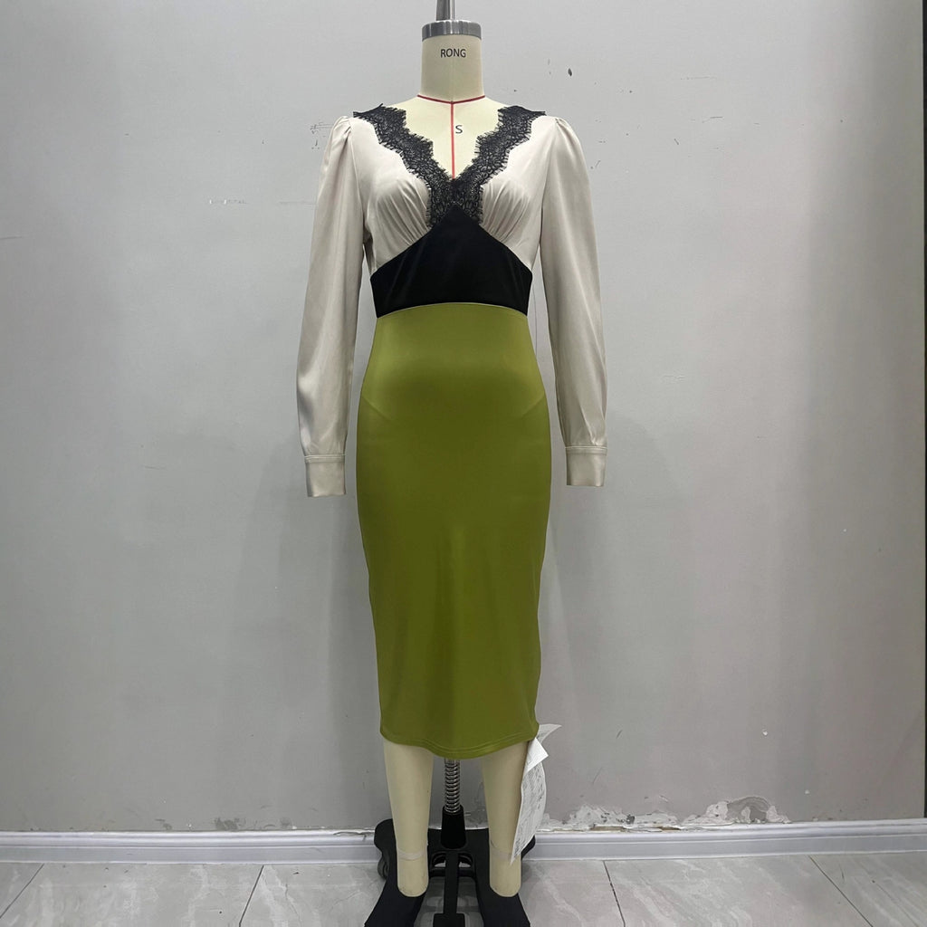 French-Elegant Lace-Trimmed Satin-Textured Midi Dress