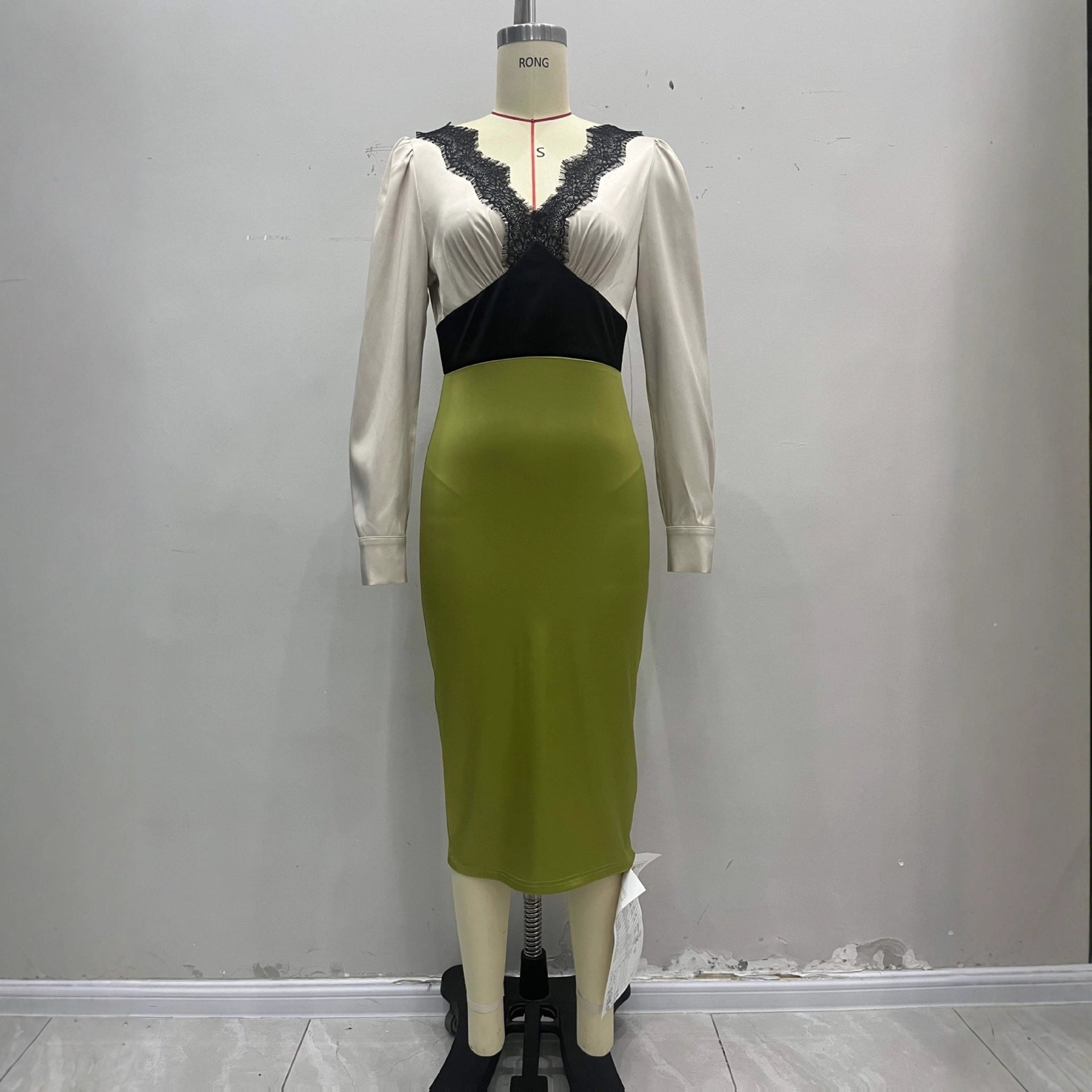 French-Elegant Lace-Trimmed Satin-Textured Midi Dress