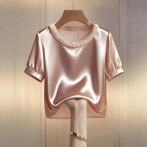 French-style Satin Pearl-collar Short Sleeves