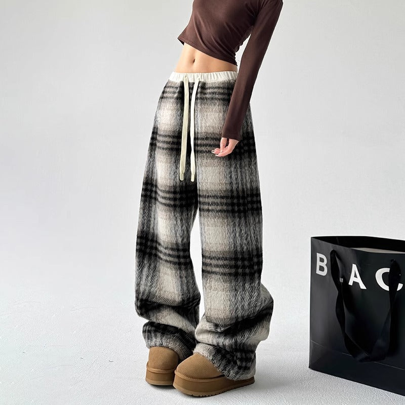 Womens Wool Plaid Straight-Cut Casual High-Waisted Pants