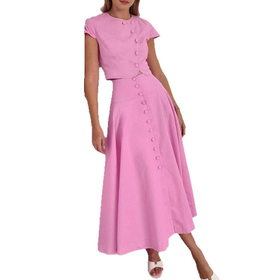 Solid-Color Buttoned Short-Sleeve Top And