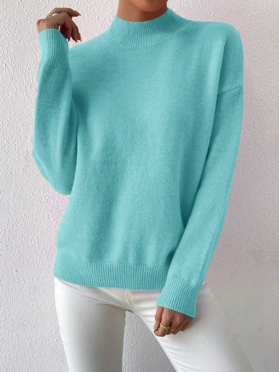 Women's Pullover Sweater Casual Solid Color Mid-high Neck Long-sleeved Knitted Tops Clothing