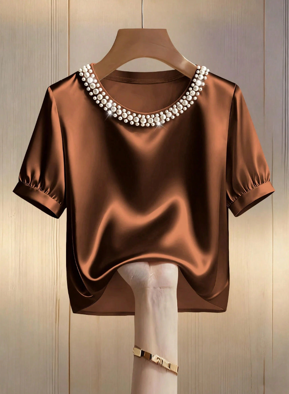 French-style Satin Pearl-collar Short Sleeves