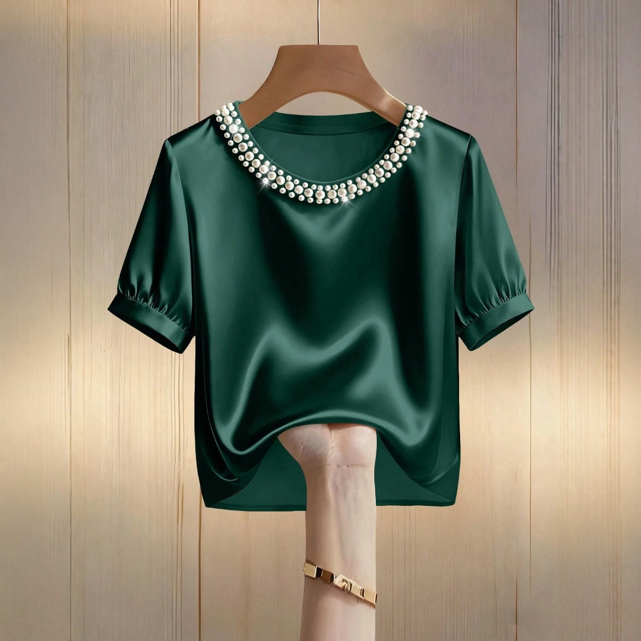 French-style Satin Pearl-collar Short Sleeves