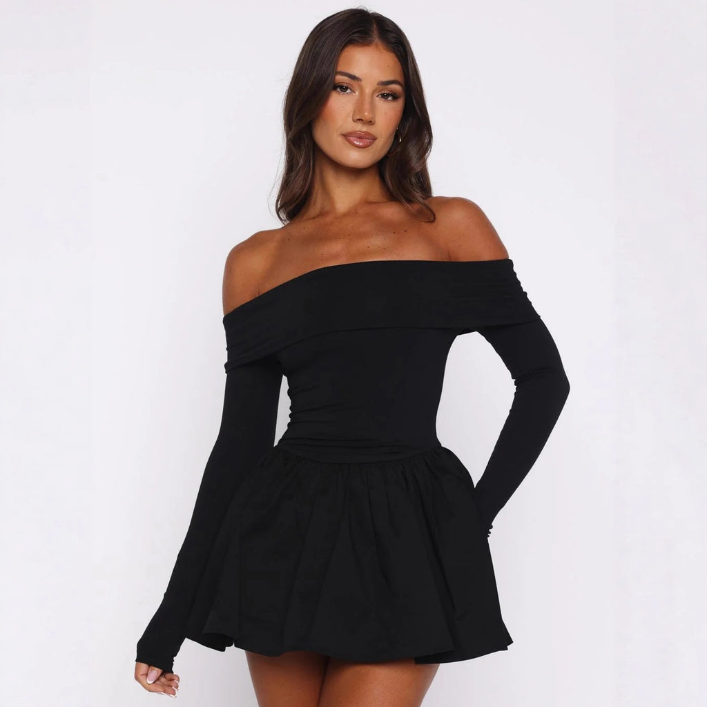 Womens Solid-Color Fashion Strapless Long-Sleeve Dress