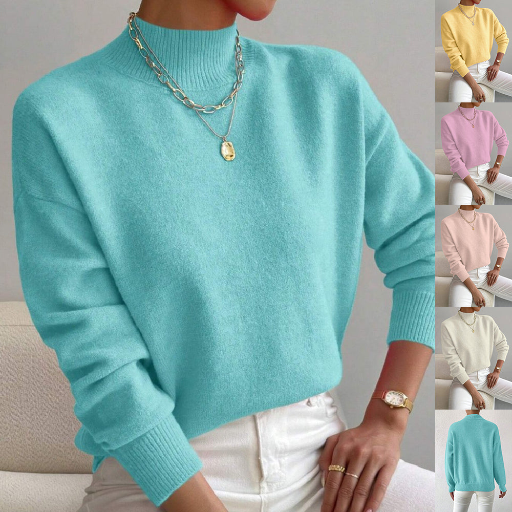 Women's Pullover Sweater Casual Solid Color Mid-high Neck Long-sleeved Knitted Tops Clothing