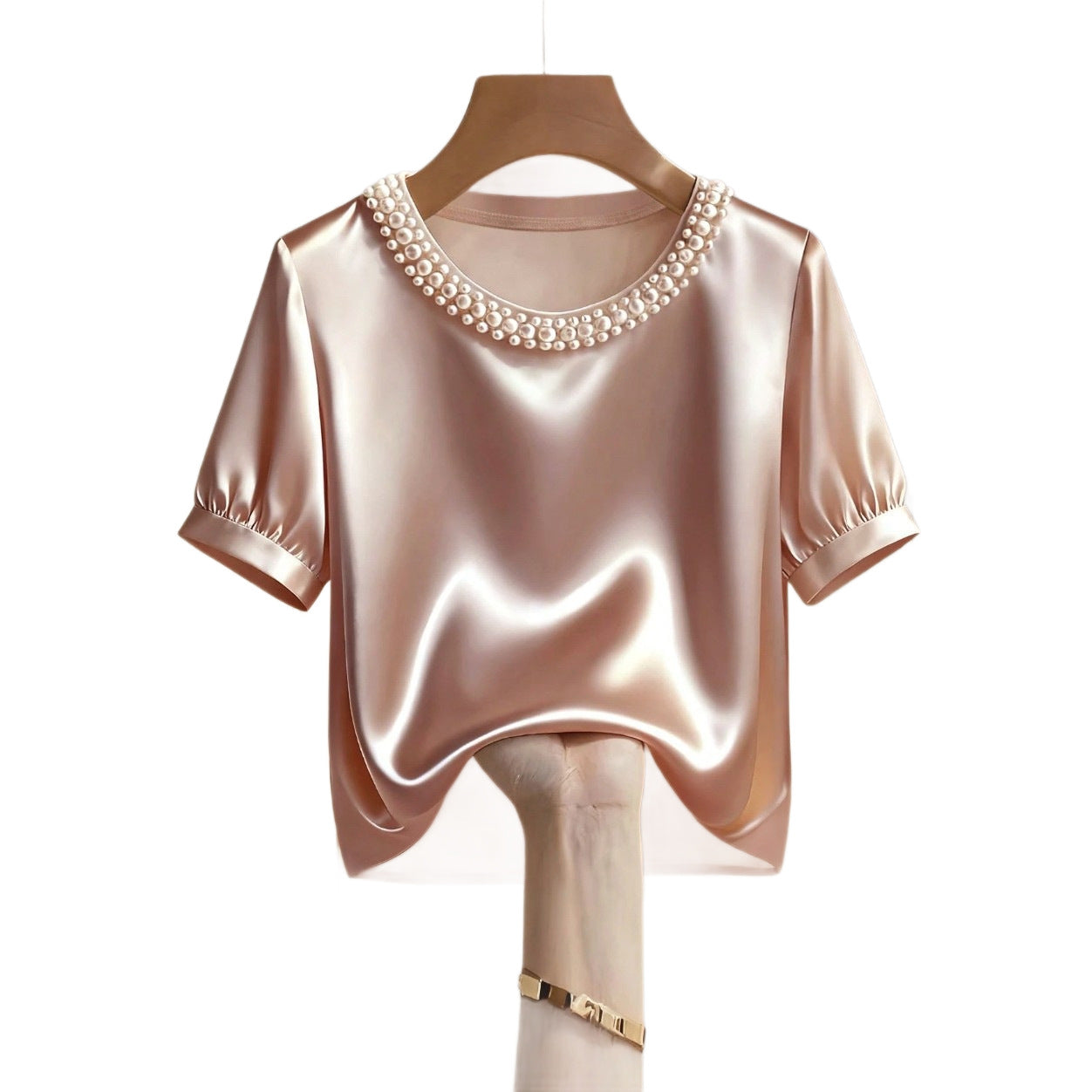 French-style Satin Pearl-collar Short Sleeves