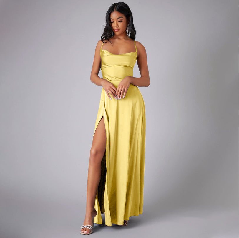 Summer Sexy Slimming Backless Strap Long Split Dress Women's Fashion High Waist Belted Gown V-neck