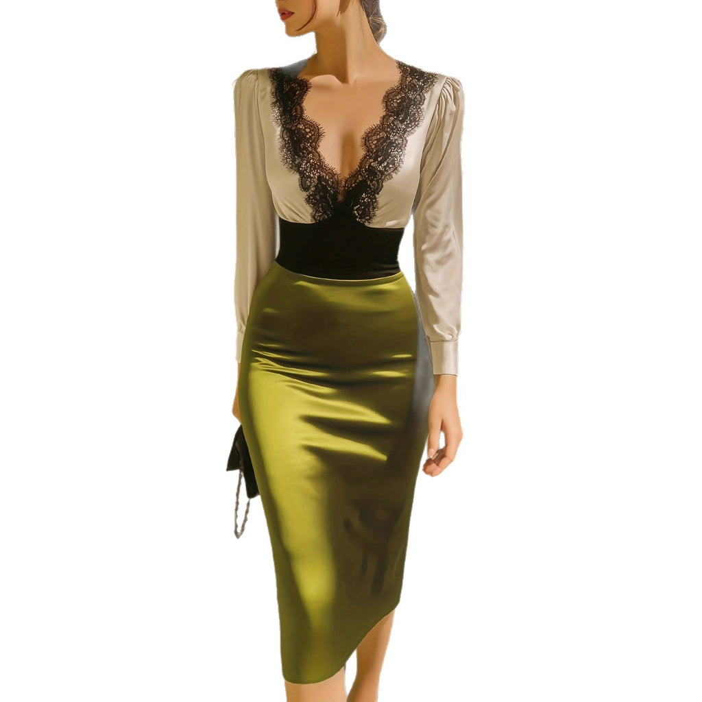 French-Elegant Lace-Trimmed Satin-Textured Midi Dress